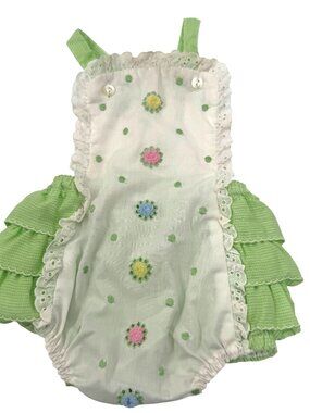 Vtg Infant Green & White Ruffled Floral Baby Romper 9 Months Polyester/Rayon